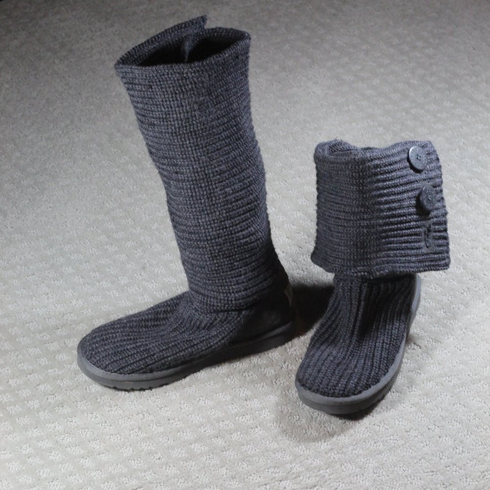 Ugg Size 8 Classic Cardy Boots Tall Pull On Slouchy Foldable Grey Knit Sweater